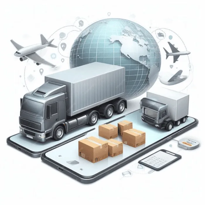 Global shipping illustration — truck, plane, and globe